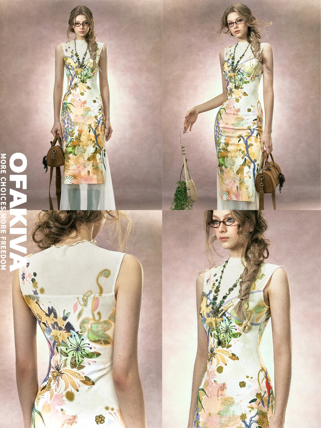OfAkiva Floral High Waist New Chinese Cheongsam A Line Slim Sleeveless Midi Dresses