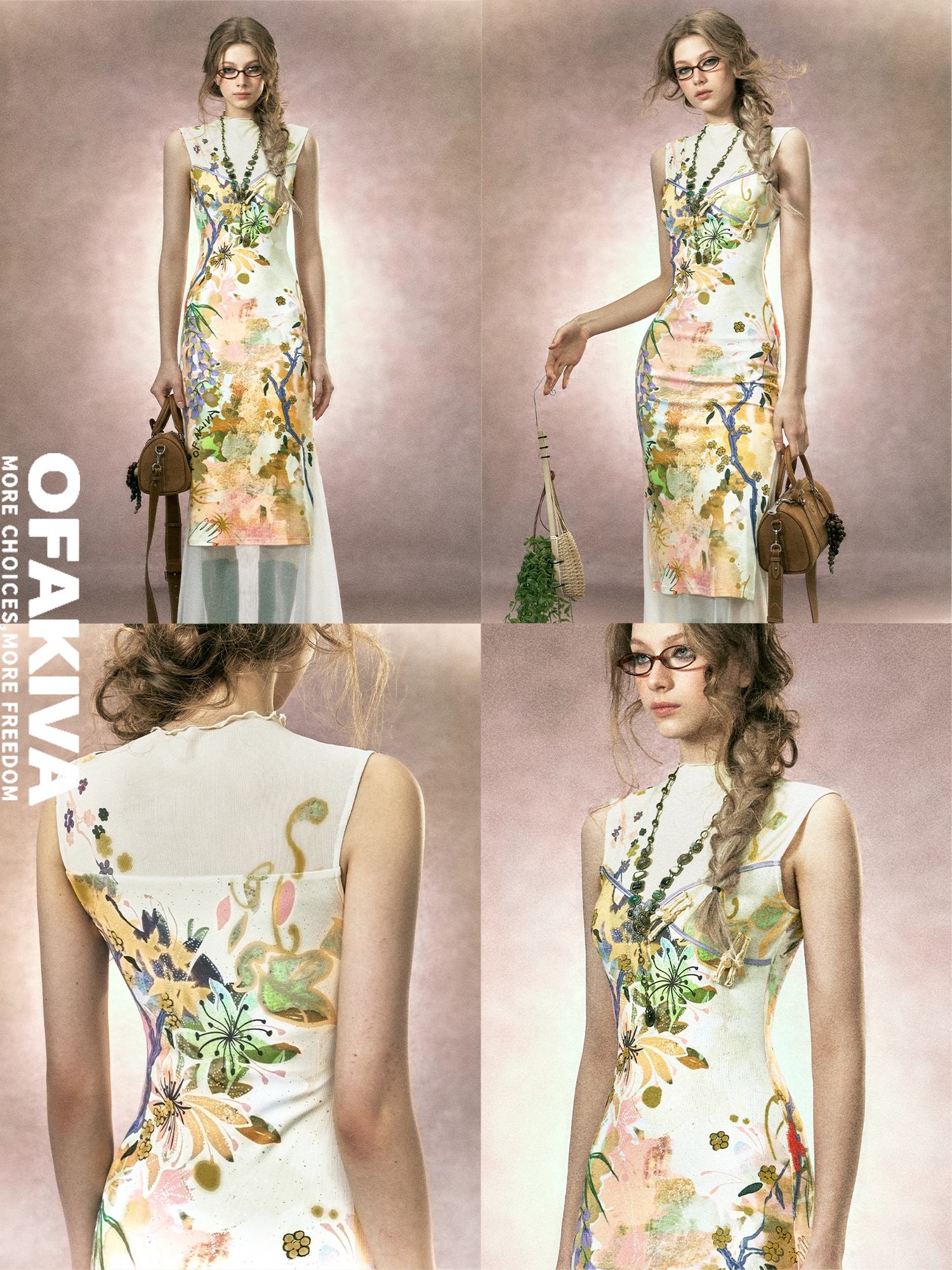 OfAkiva Floral High Waist New Chinese Cheongsam A Line Slim Sleeveless Midi Dresses