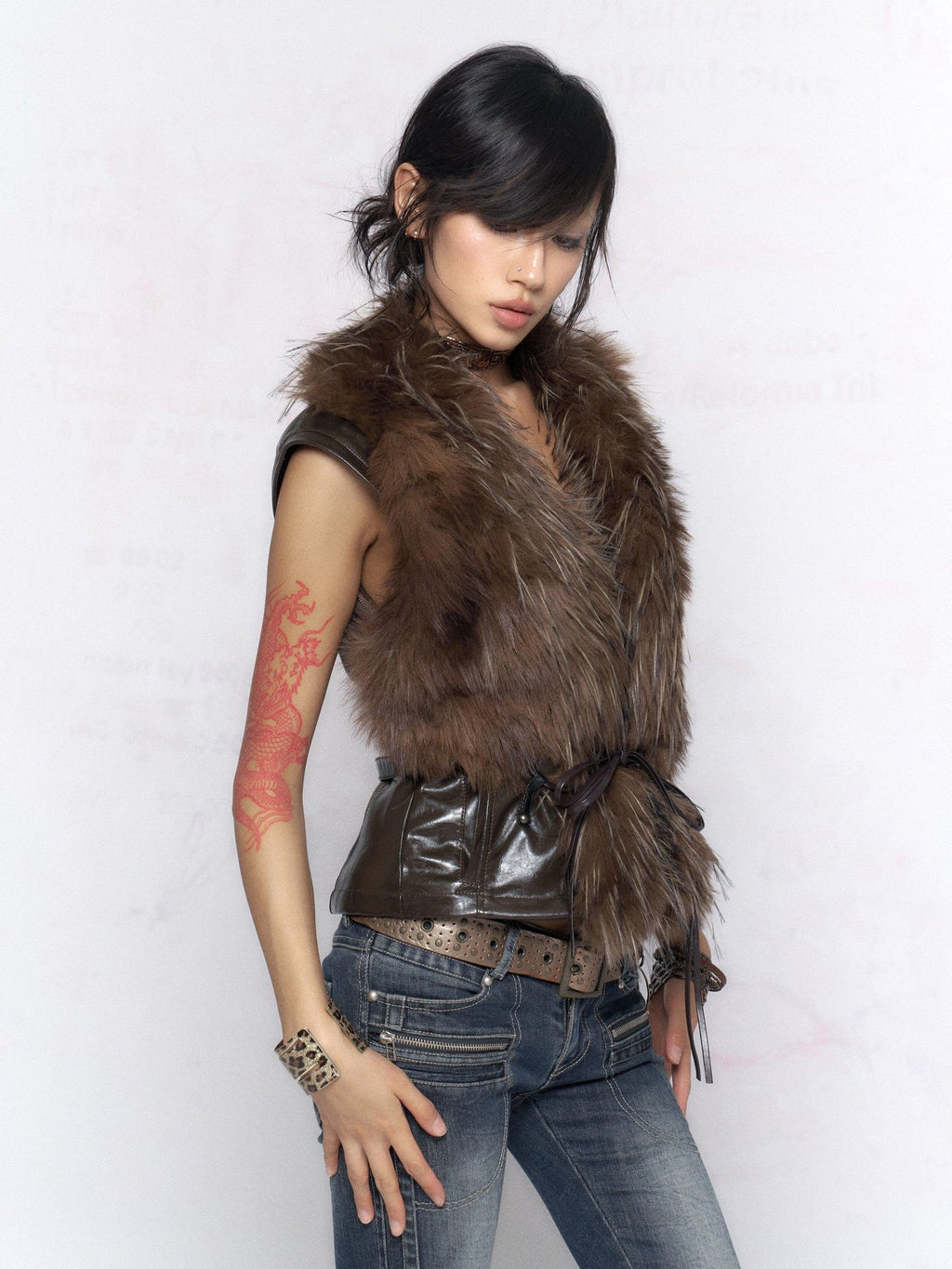 Flowers birds Market Warm Fur Collar Commuter Slim Fit Short Zip Teen Brown Leather Jackets