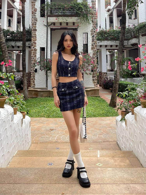 ZERO Blue Cropped Plaid Casual Two Piece Young Women Short Fit Top & Skirt Sets
