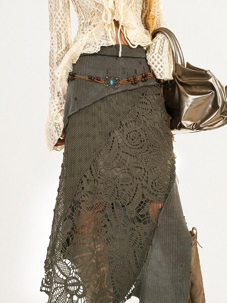 Nico Molly High Waist Asymmetrical Patchwork A Line Lined Women Casual Vintage Maxi Skirts