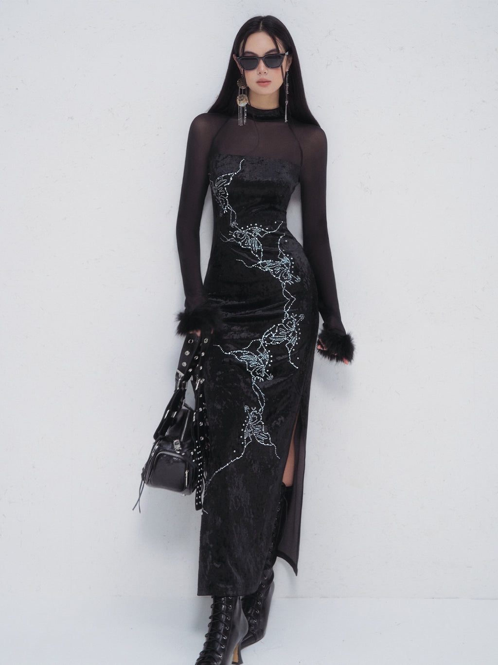 OfAkiva Rhinestone Neo Chinese Slim High Waist Cheongsam Women Black Maxi Dresses