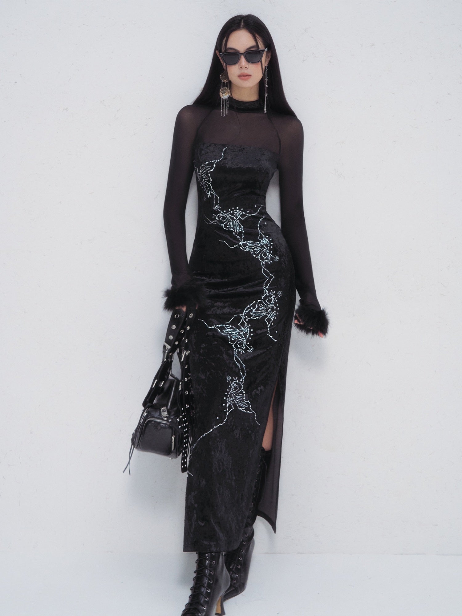 OfAkiva Rhinestone Neo Chinese Slim High Waist Cheongsam Women Black Maxi Dresses