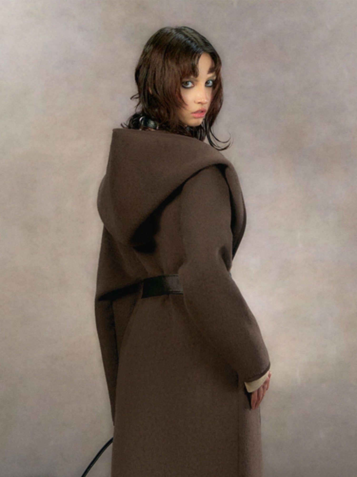 OfAkiva Thick Embroidered Hooded Relaxed Mystic Wool Midlength Brown Long Coats