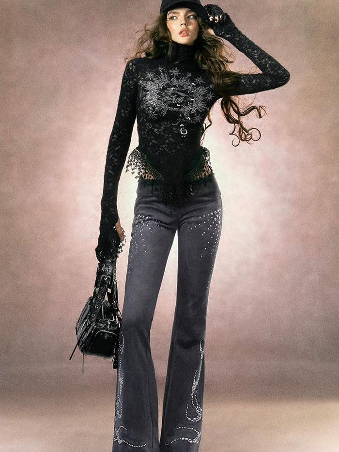 OfAkiva Rhinestone Embroidered Vintage Low Rise Slim Fit Casual Women Flared Pants