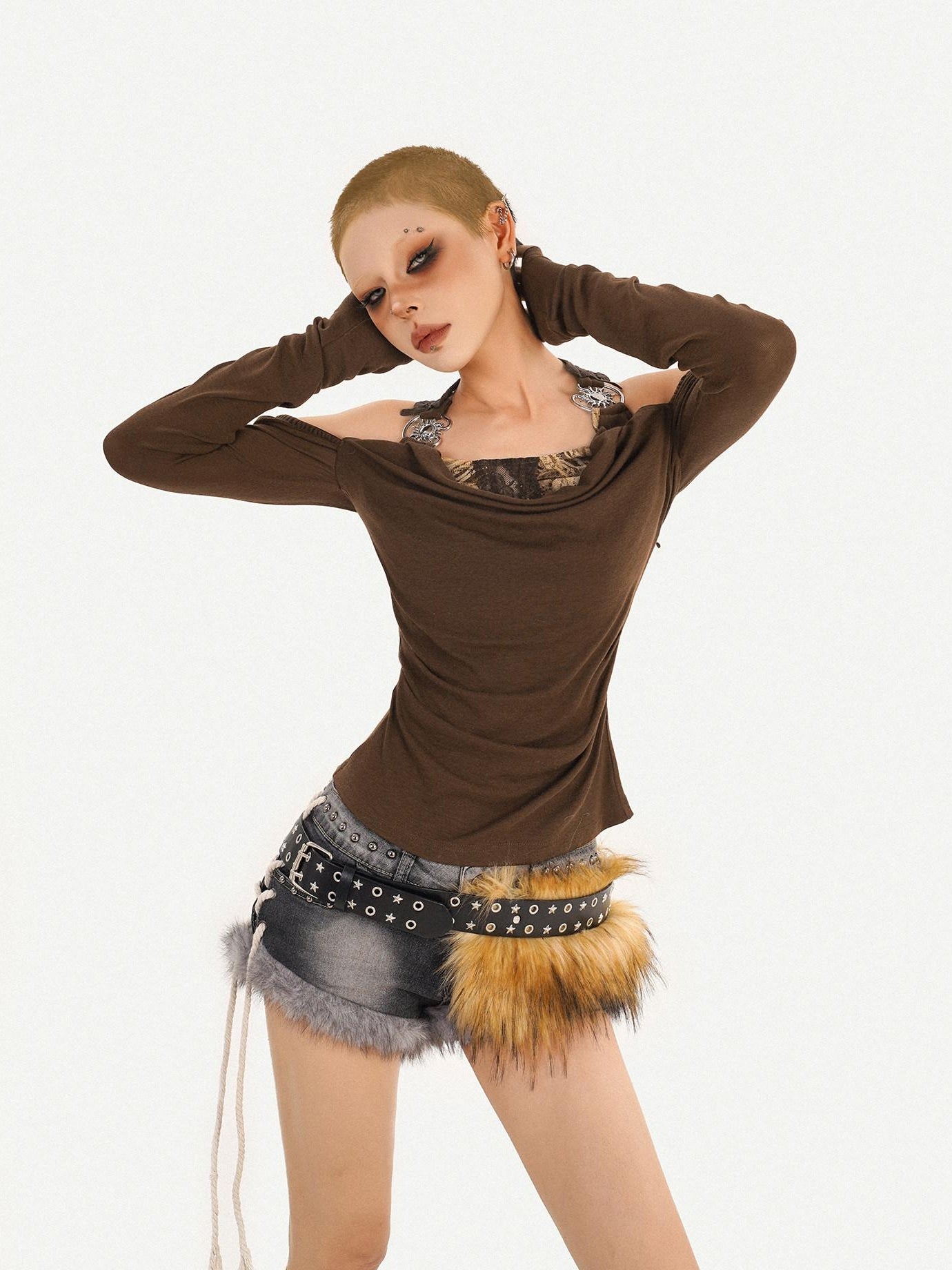 Nico Molly Sexy Backless Bardot Flared Sleeve Coffee Brown Leather Long Sleeve T-Shirts