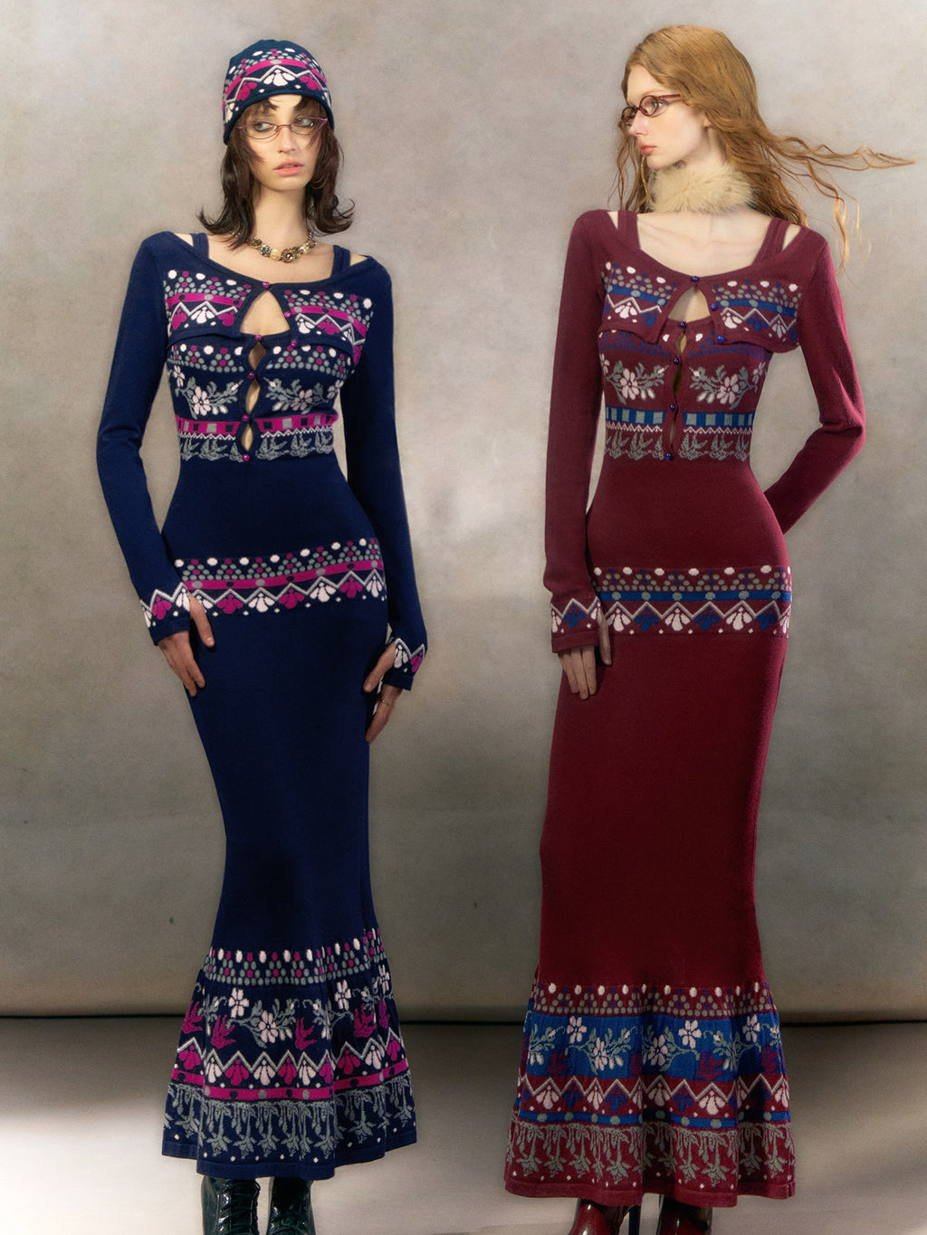 OfAkiva Elegant High Waist Knit Two Piece Mermaid Slim Long Sleeve Women Maxi Dresses