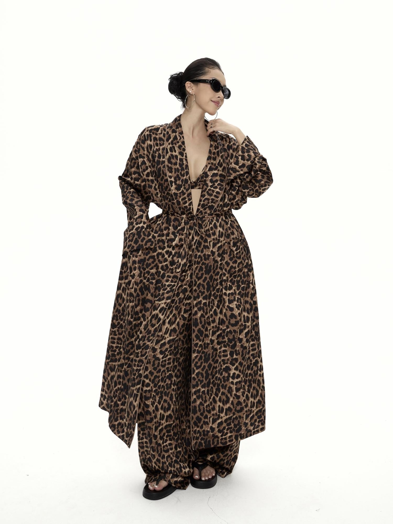 ZERO Leopard Print Three Piece Loose V-neck Cardigan Casual Women Top & Pants Sets