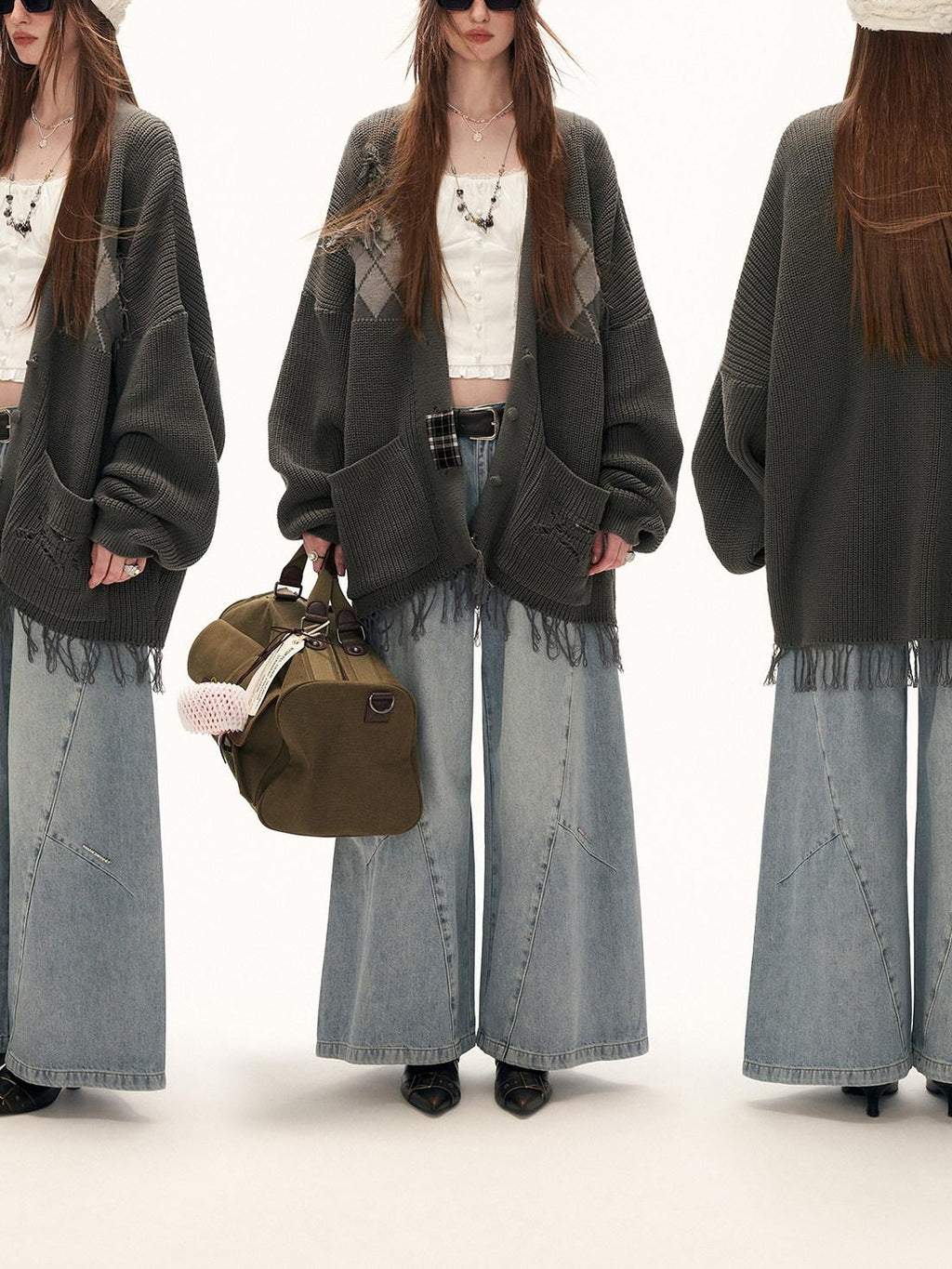 MAMC Recycled Rayon Fringe Relaxed Fit Mid Length Argyle Workwear Cardigans