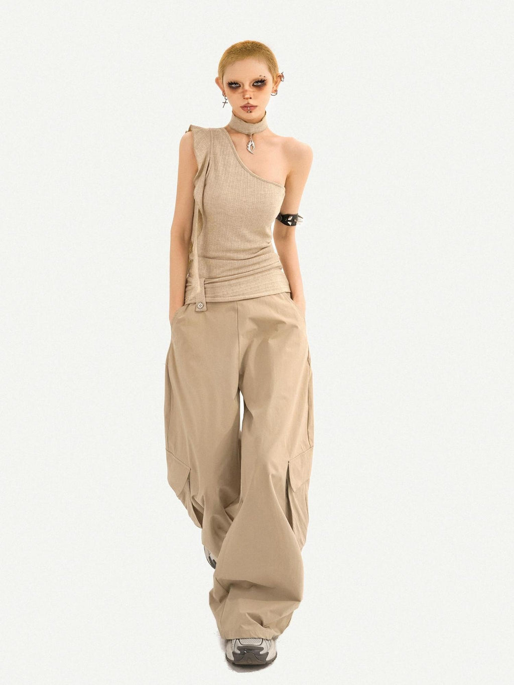 Nico Molly High Waist Khaki Loose Straight Leg Pockets Button Fly Casual Women Cargo Pants