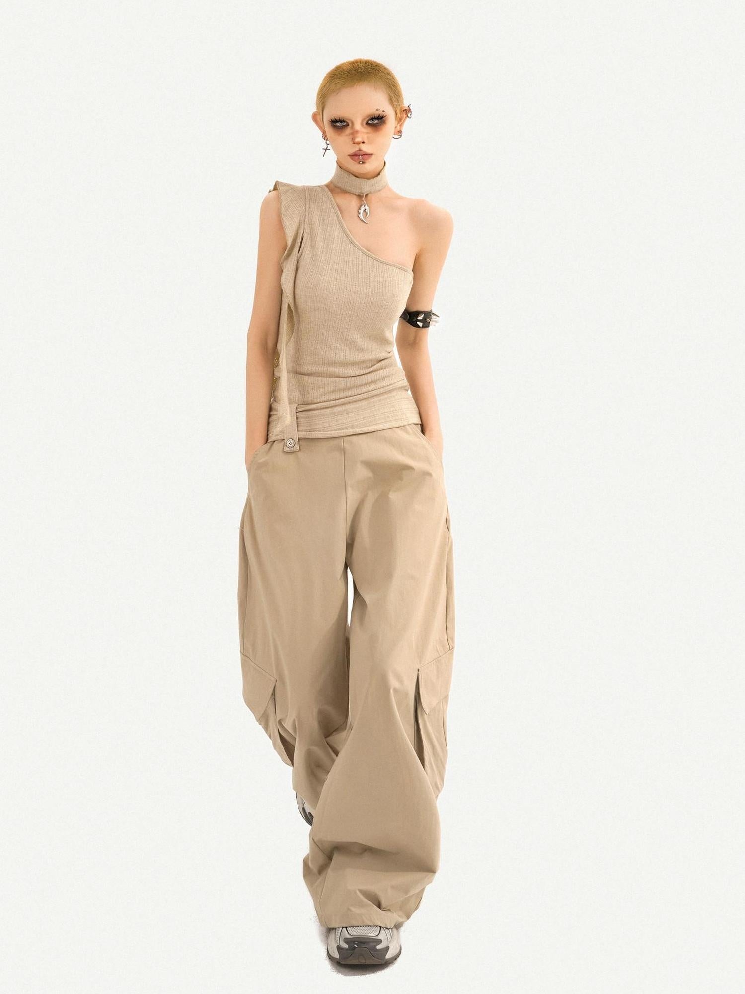 Nico Molly High Waist Khaki Loose Straight Leg Pockets Button Fly Casual Women Cargo Pants