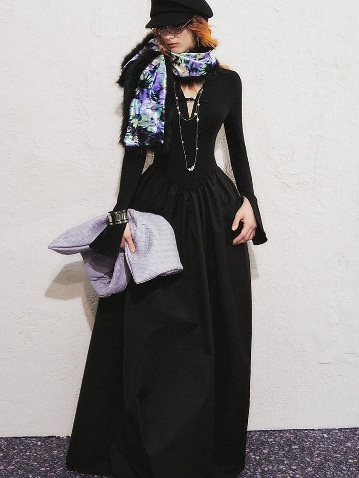 OfAkiva High Waist Slim A Line V-neck Patchwork Long Sleeve Casual Dawn Maxi Dresses