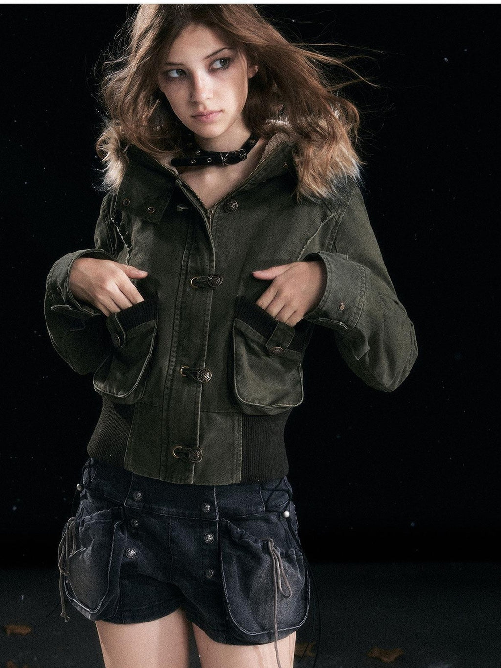 Cest Nous Cotton Padded Hooded Straight Fit Women Workwear Zip Front Olive Croppedjackets