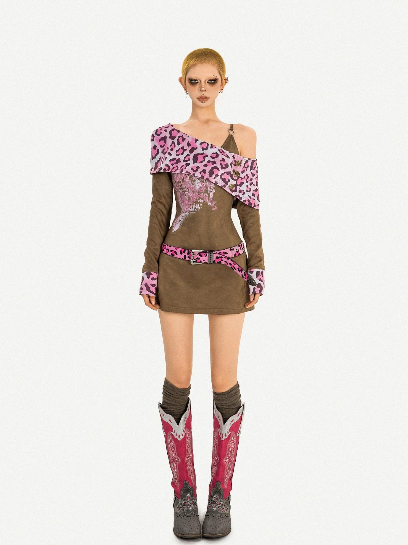 Nico Molly Spliced Faux Two Piece Slim Sexy A Line Long Sleeve Side Zip Women Mini Dresses