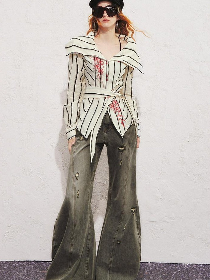 OfAkiva 100 Percent Cotton Breathable Slim Fit Puff Sleeve Striped Cardigan Blouses