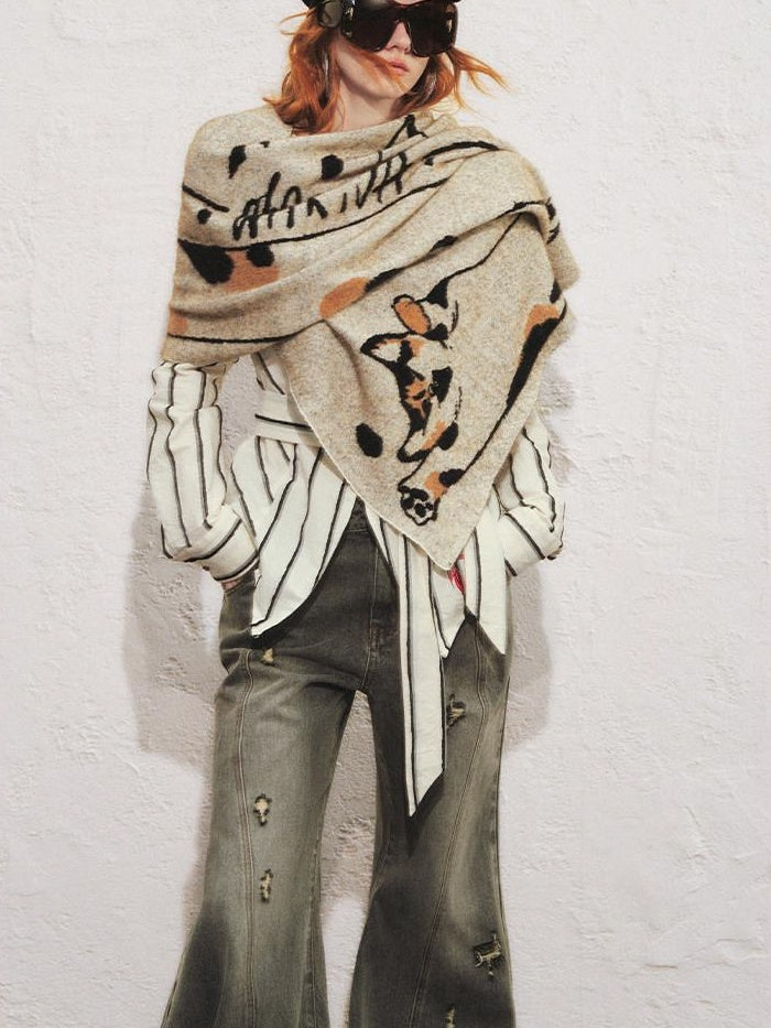 OfAkiva Versatile Decorative Printed Korean Rectangular Cute Cat Motif Unisex Scarves