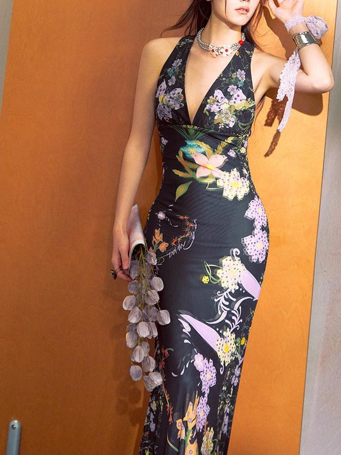 OfAkiva French Colorblock High Waist V-neck Sleeveless Fishtail Women Maxi Dresses