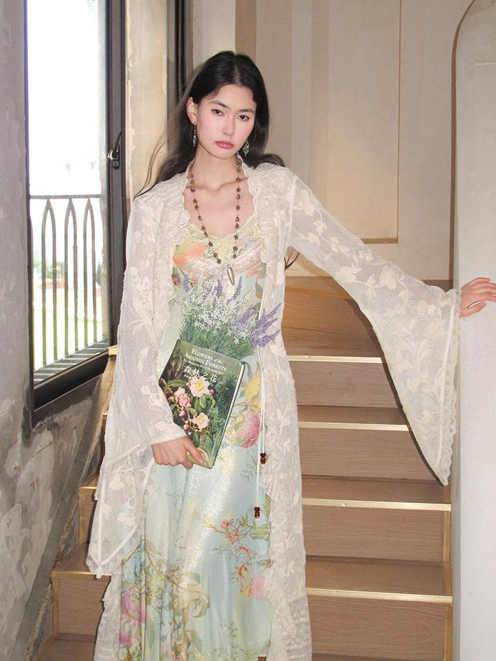 OfAkiva Breathable Lace Floral Tie Waist Slim Long Sleeve Casual Spliced Women Cardigans