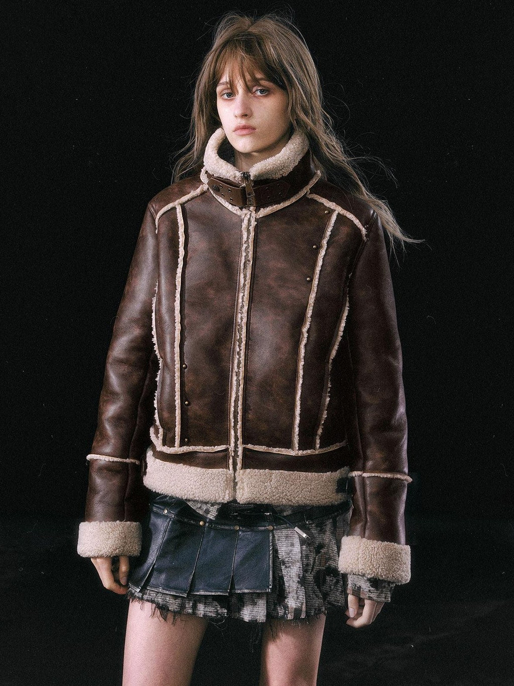 Cest Nous Thick Fleece Lined Street Straight Fit Patch Zipfront Brown Pu Leatherjackets