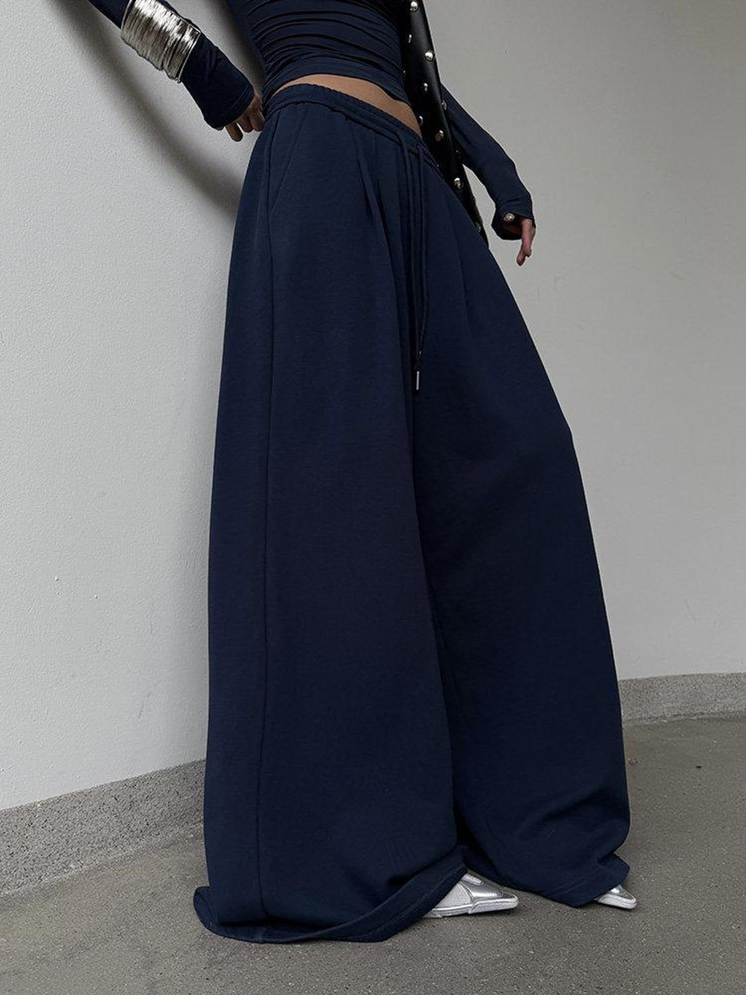 ZERO Viscose Knit Low Rise Drawstring Casual Micro Stretch Black Wide Leg Pants