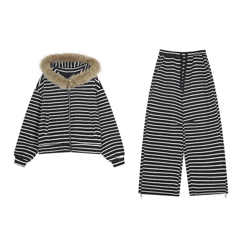 ZERO_Thick_Striped_Light_Stretch_Long_Sleeve_Casual_Women_Top_&_Pants_Sets_MISSTT