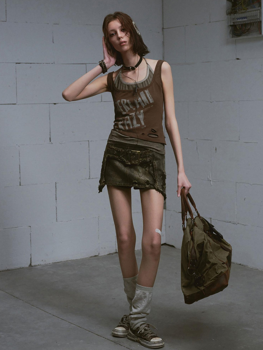 Cest Nous Distressed Print Punk Slim Halter Female Cotton Blend Brown Gray Tanktops