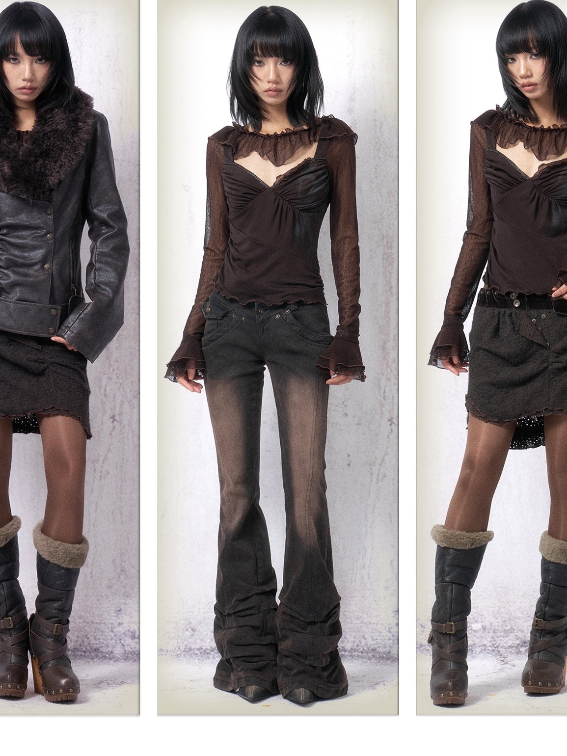 OPEN AESTHETIC Cotton Blend Vintage Lace Print Slim Bell Sleeve Dark Brown Long Sleeve T-Shirts