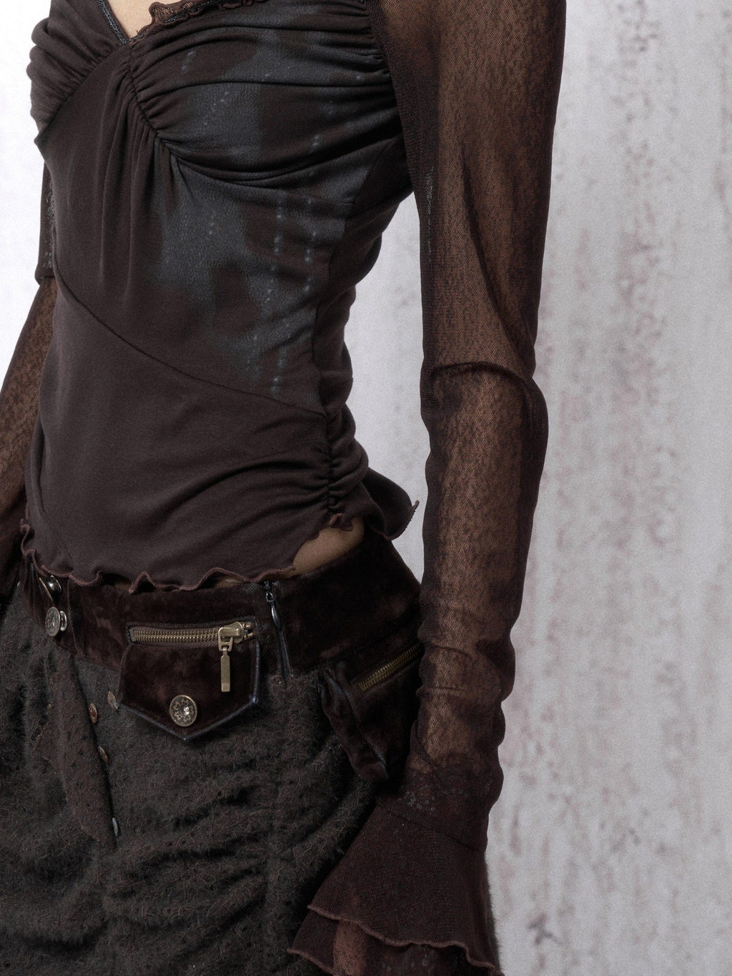 OPEN AESTHETIC Cotton Blend Vintage Lace Print Slim Bell Sleeve Dark Brown Long Sleeve T-Shirts