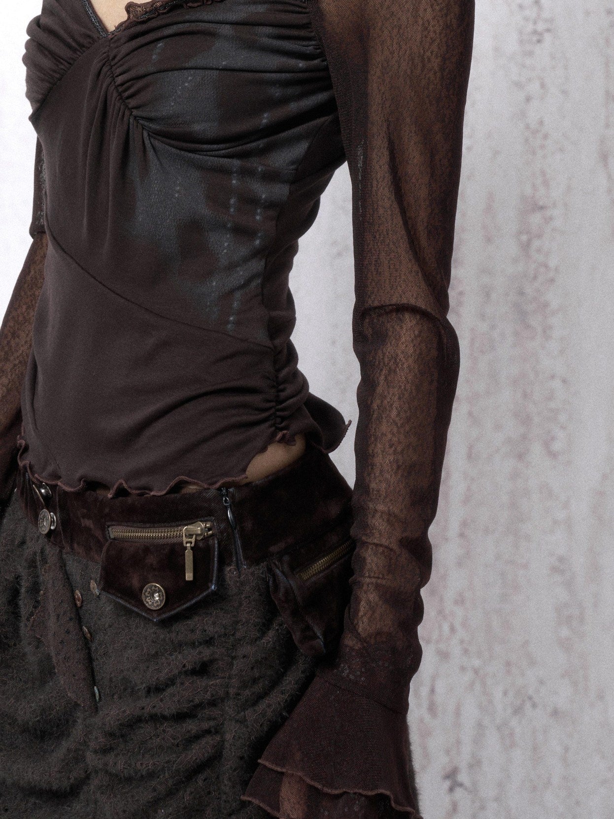 OPEN AESTHETIC Cotton Blend Vintage Lace Print Slim Bell Sleeve Dark Brown Long Sleeve T-Shirts