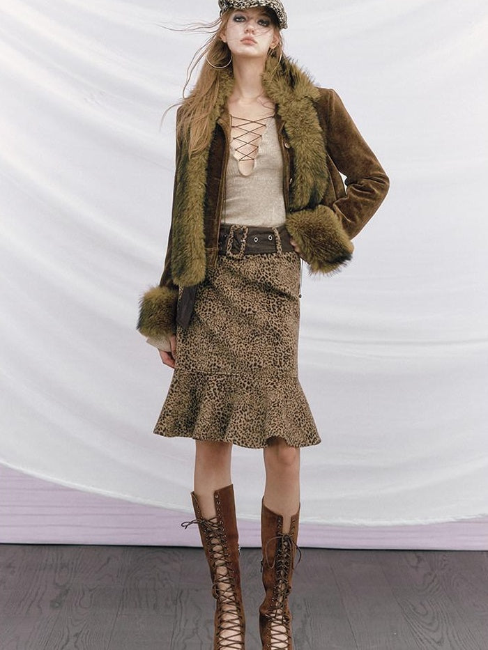 OfAkiva High Waisted Slim A Line Patchwork Belted Casual Women Leopard Print Midi Skirts