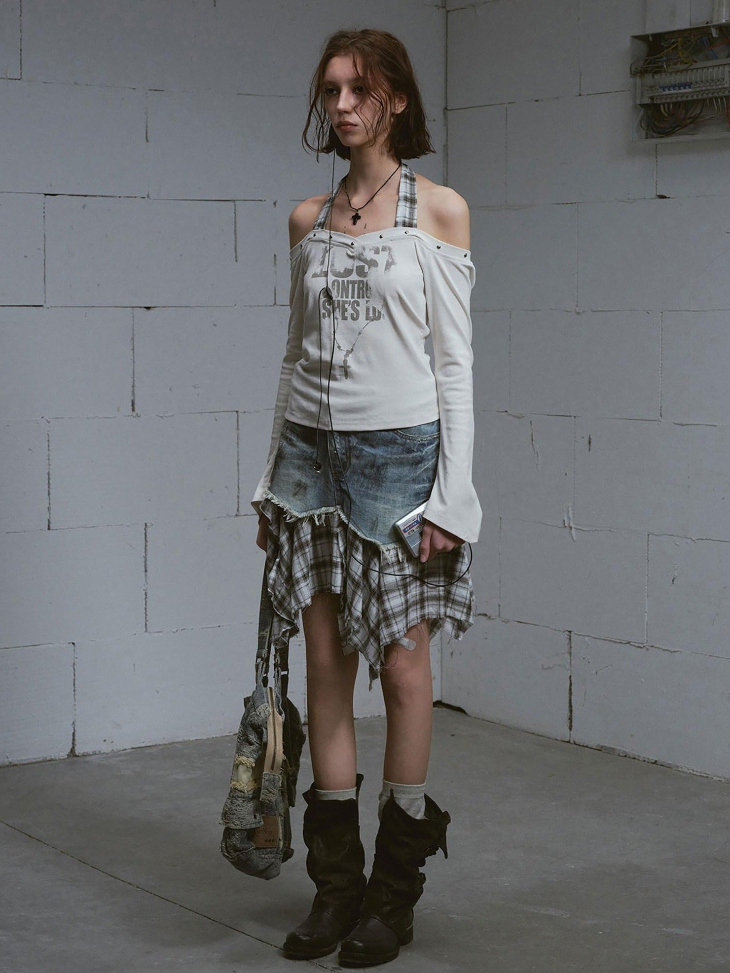 Cest Nous Distressed Patchwork Asymmetrical Aline Loose Mid Waist Women Midiskirts