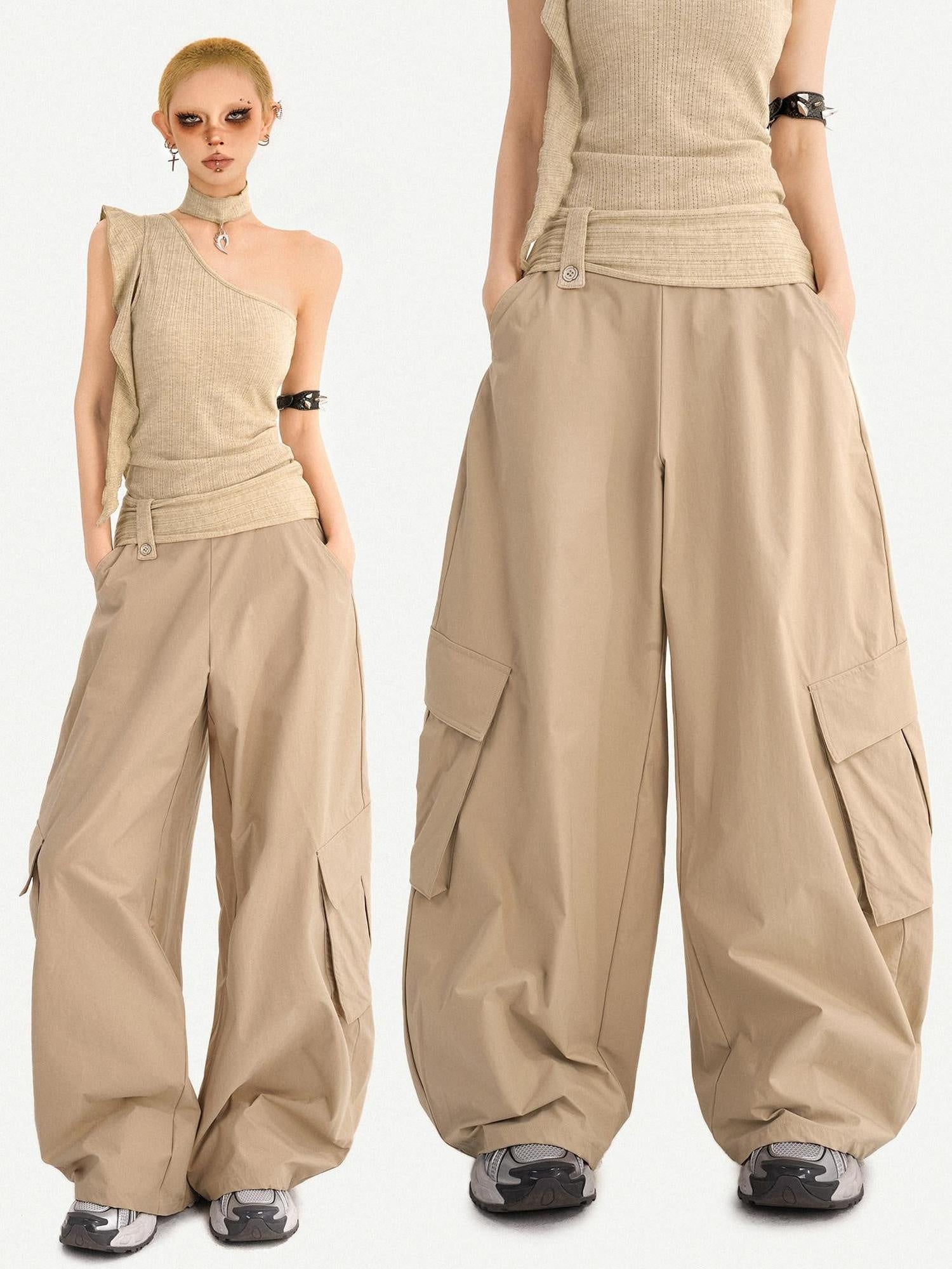 Nico Molly High Waist Khaki Loose Straight Leg Pockets Button Fly Casual Women Cargo Pants
