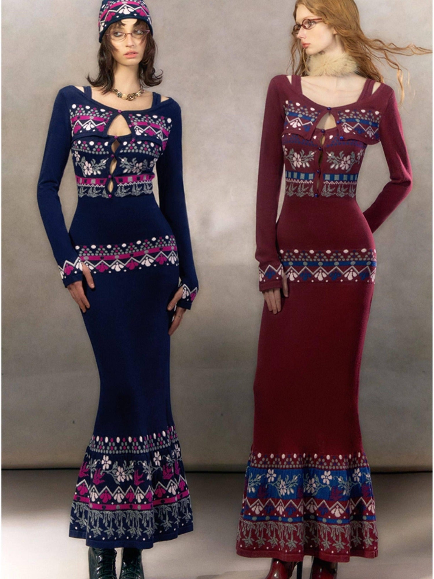 OfAkiva Elegant High Waist Knit Two Piece Mermaid Slim Long Sleeve Women Maxi Dresses