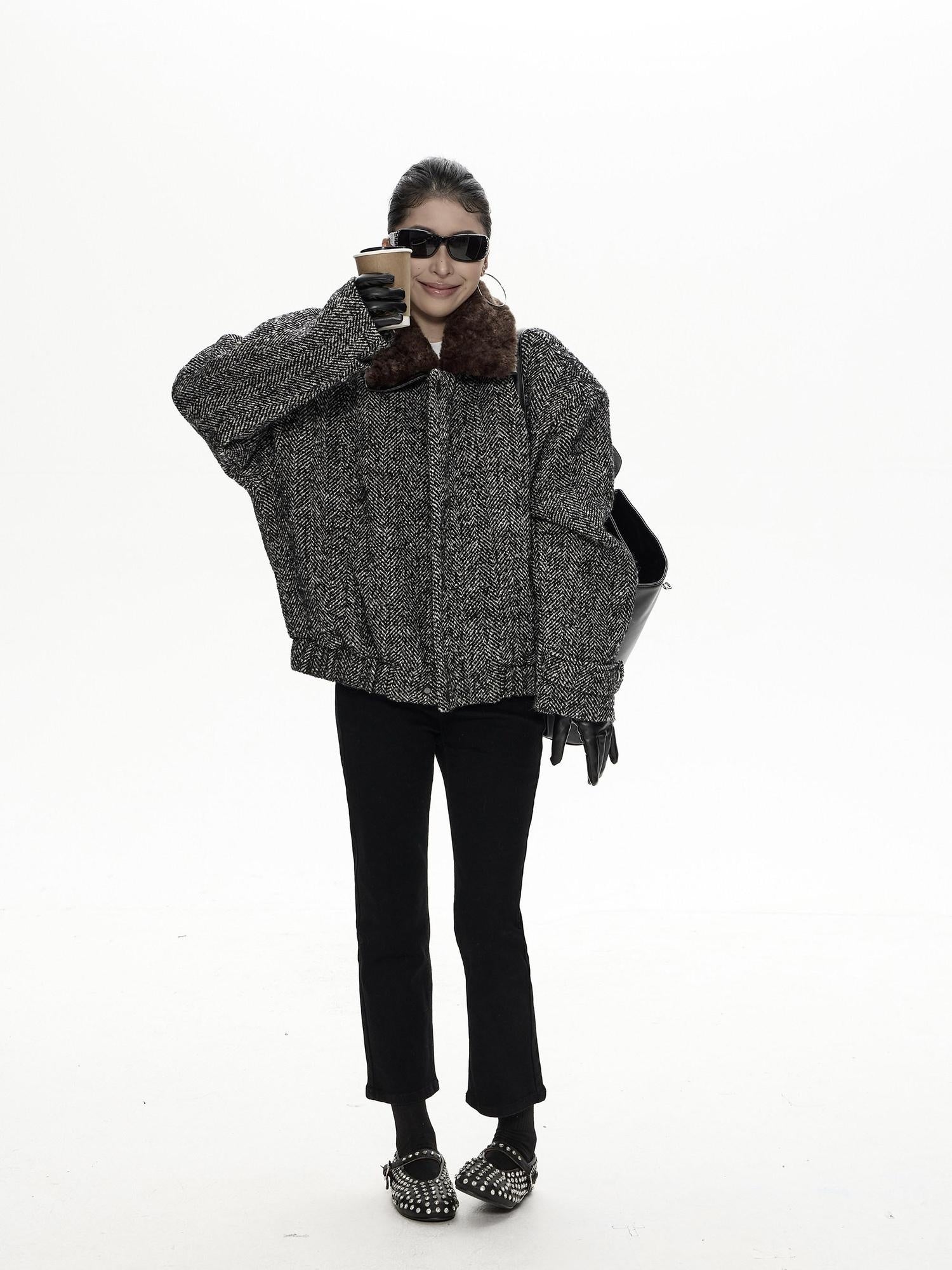 ZERO Insulated Nylon Street Loose Lapel Collar Black Young Women Cropped Jackets