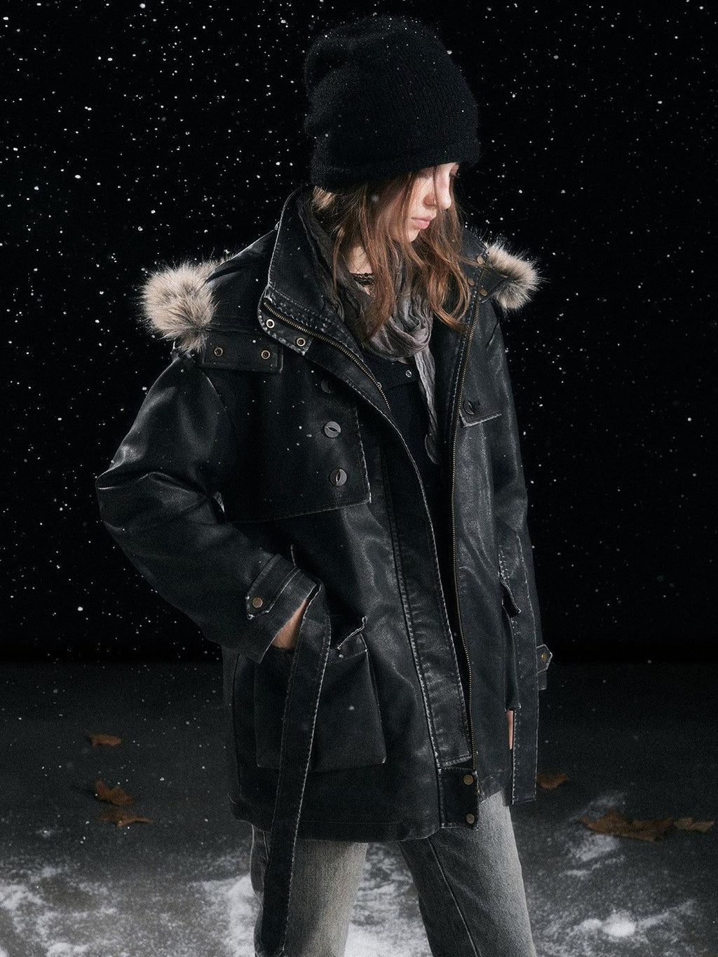 Cest Nous Insulated Commuter Hooded Straight Women Washed Black Leatherjackets
