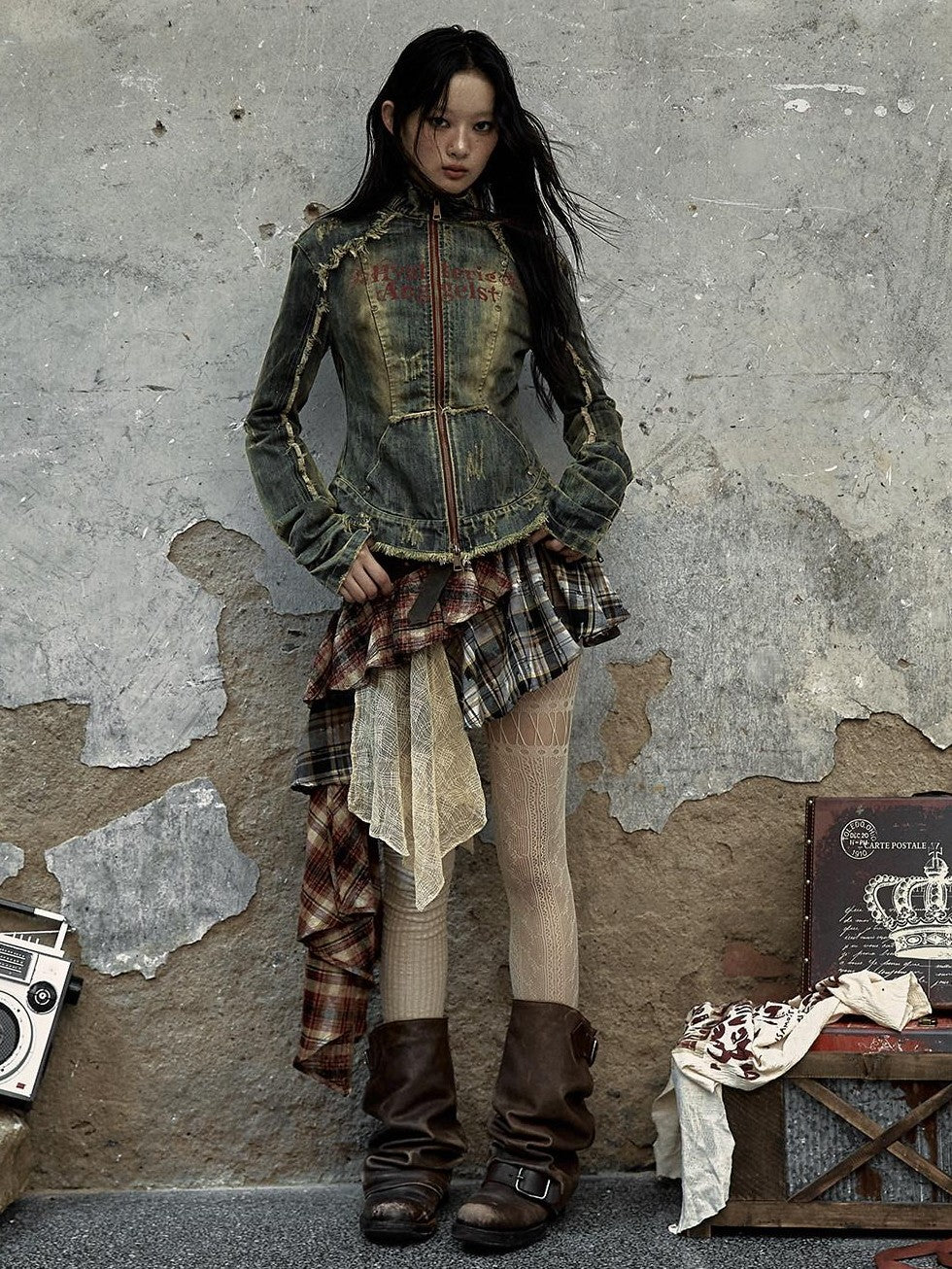 NO ROMANCE Punk Asymmetric Plaid Patchwork Rivet Women'S Cotton Midi Skirts