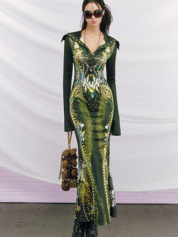 OfAkiva Minimalist Printed High Waist Fitted Long Sleeve High Neck Women Maxi Dresses