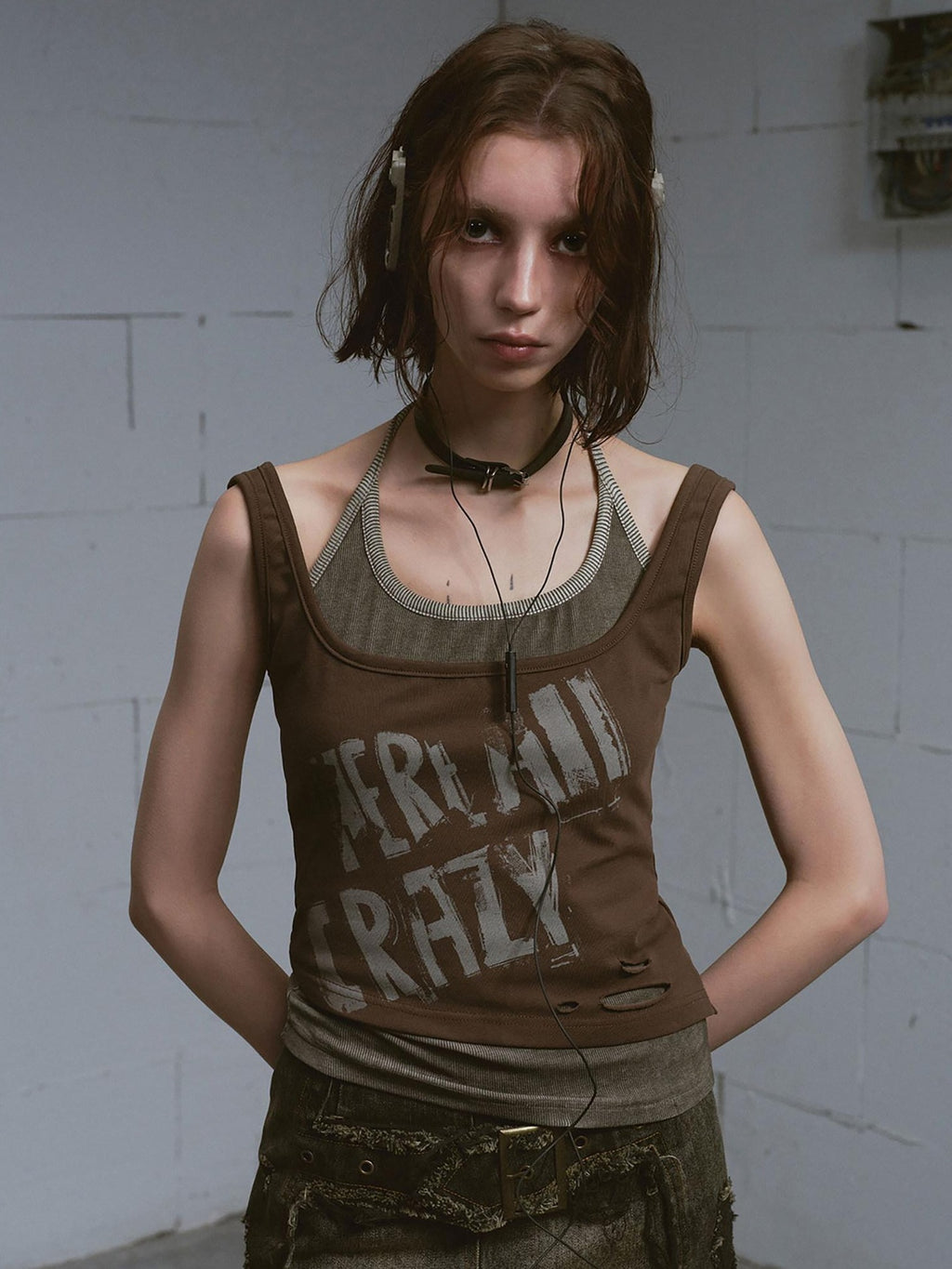 Cest Nous Distressed Print Punk Slim Halter Female Cotton Blend Brown Gray Tanktops