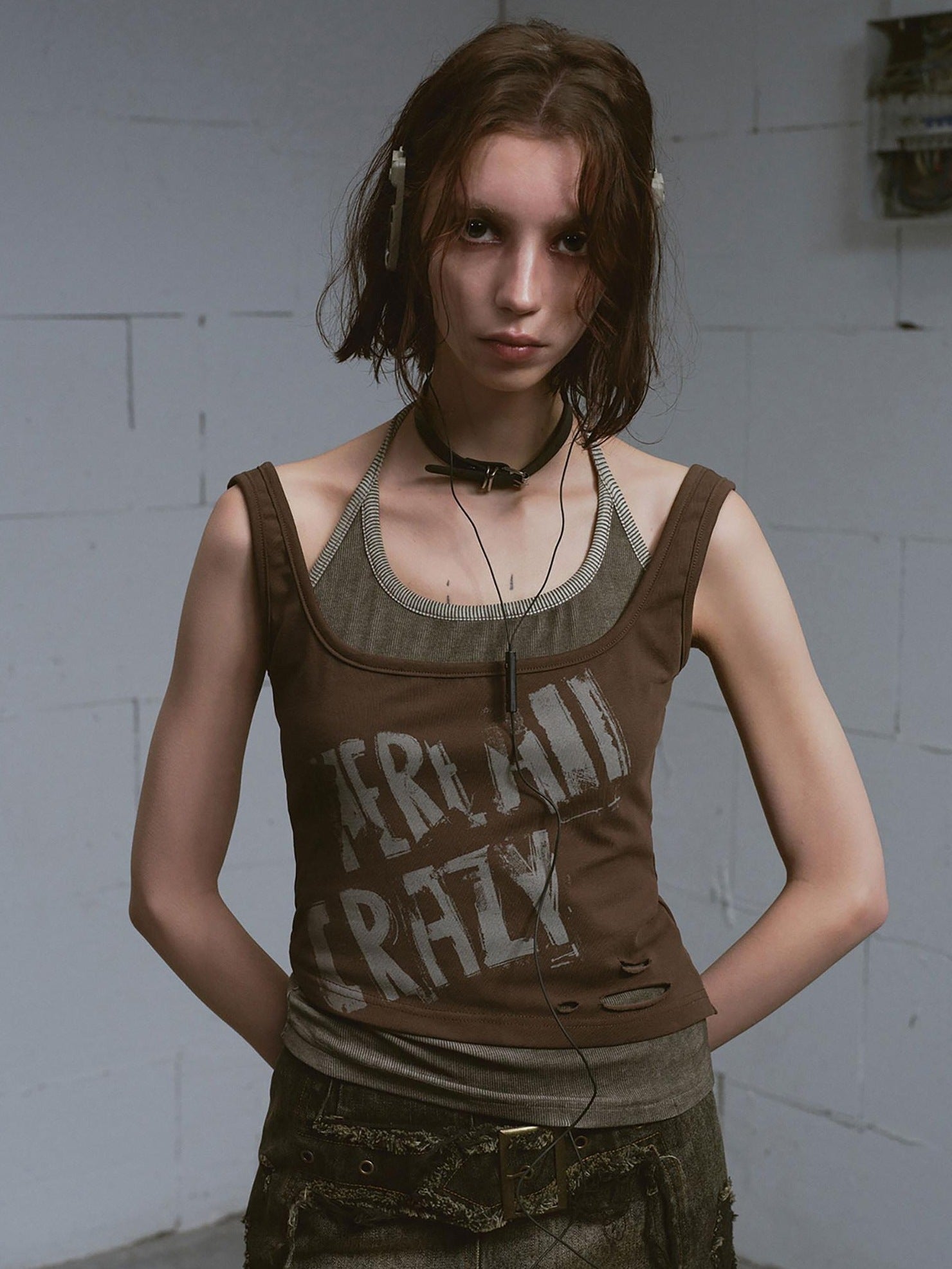 Cest Nous Distressed Print Punk Slim Halter Female Cotton Blend Brown Gray Tanktops