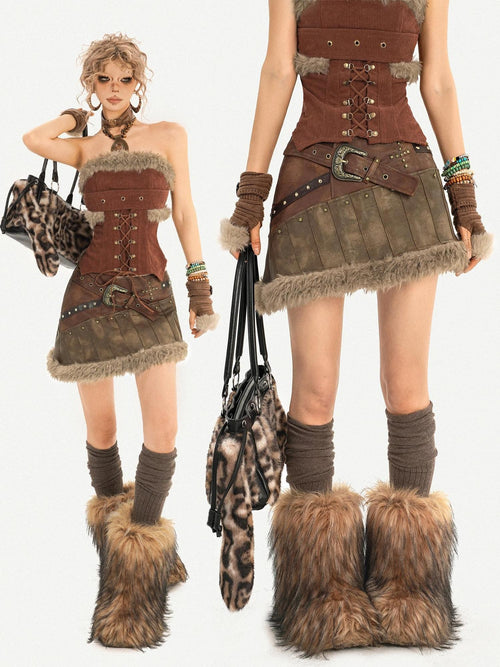 Nico Molly Beaded Vintage Patchwork A Line Mid Waist Lined Brown Women Top & Skirt Sets