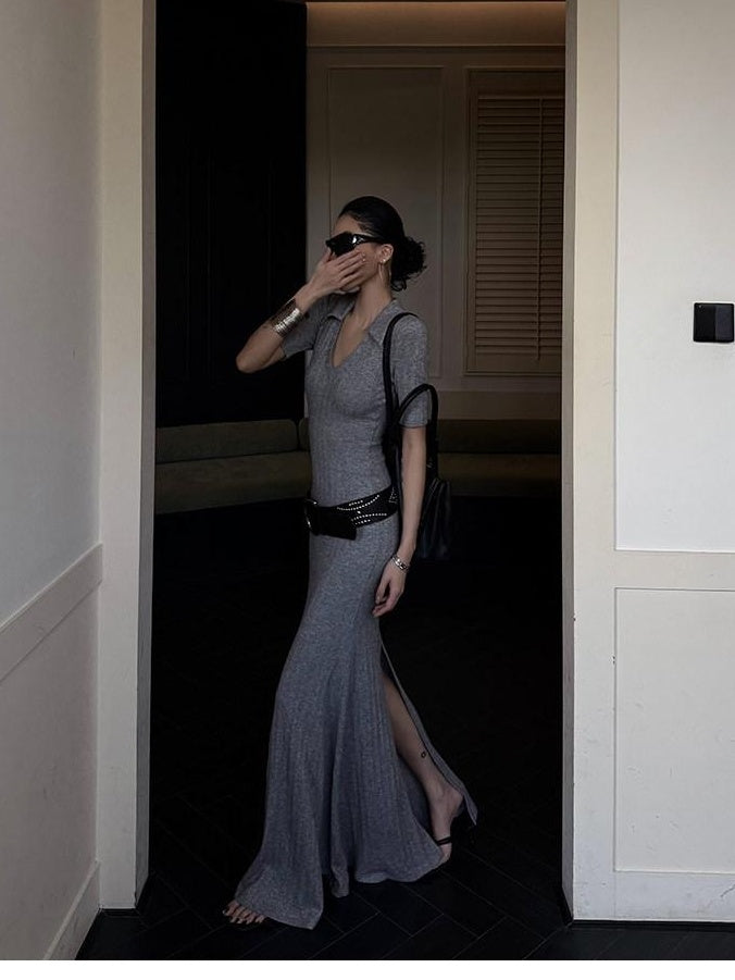 ZERO Soft Viscose Slit Mermaid Street Slim Elbow Sleeve Casual Women Maxi Dresses