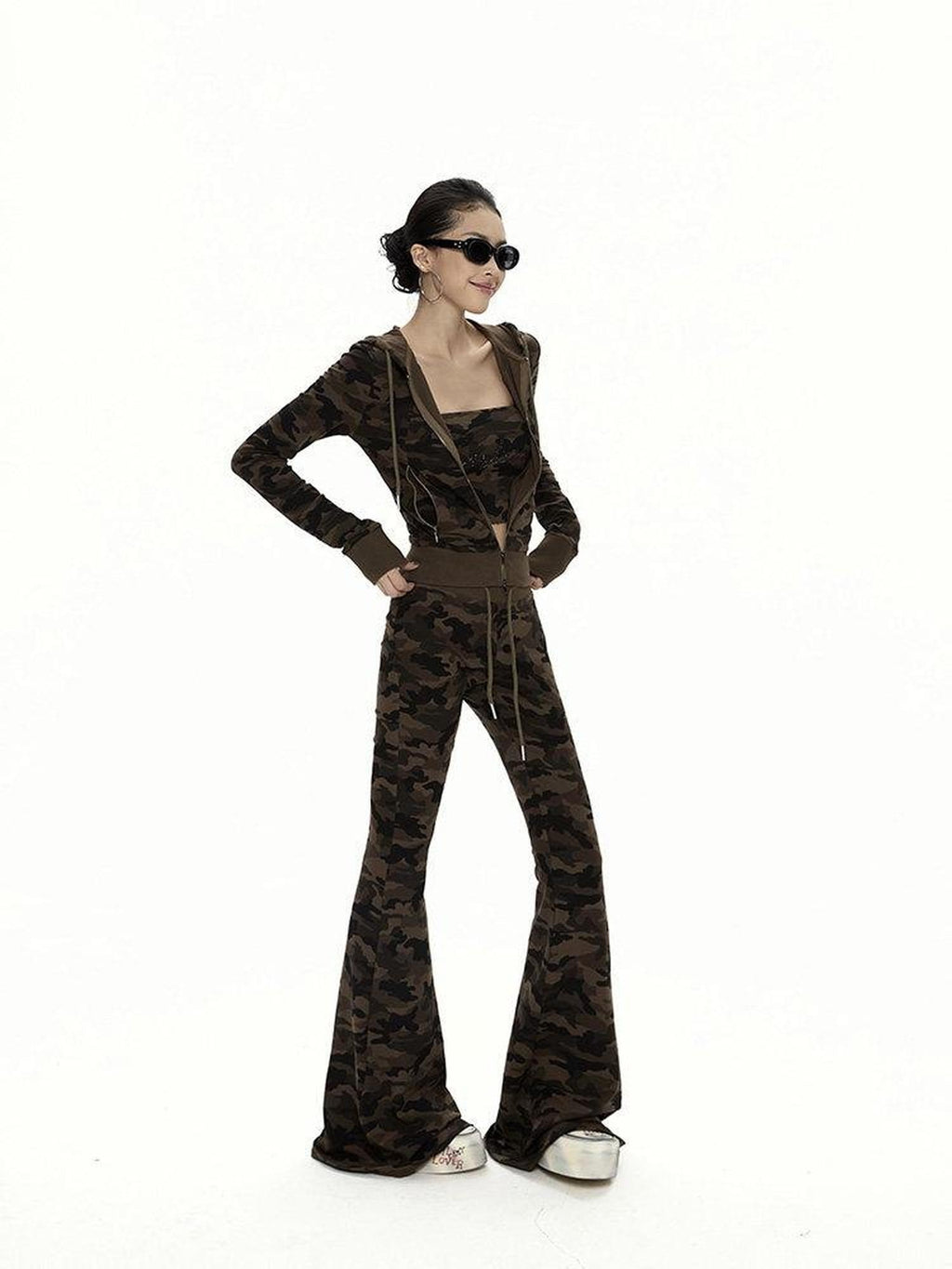 ZERO Zip Front Hooded Camo Three Piece Sexy Casual Women Long Sleeve Top & Pants Sets