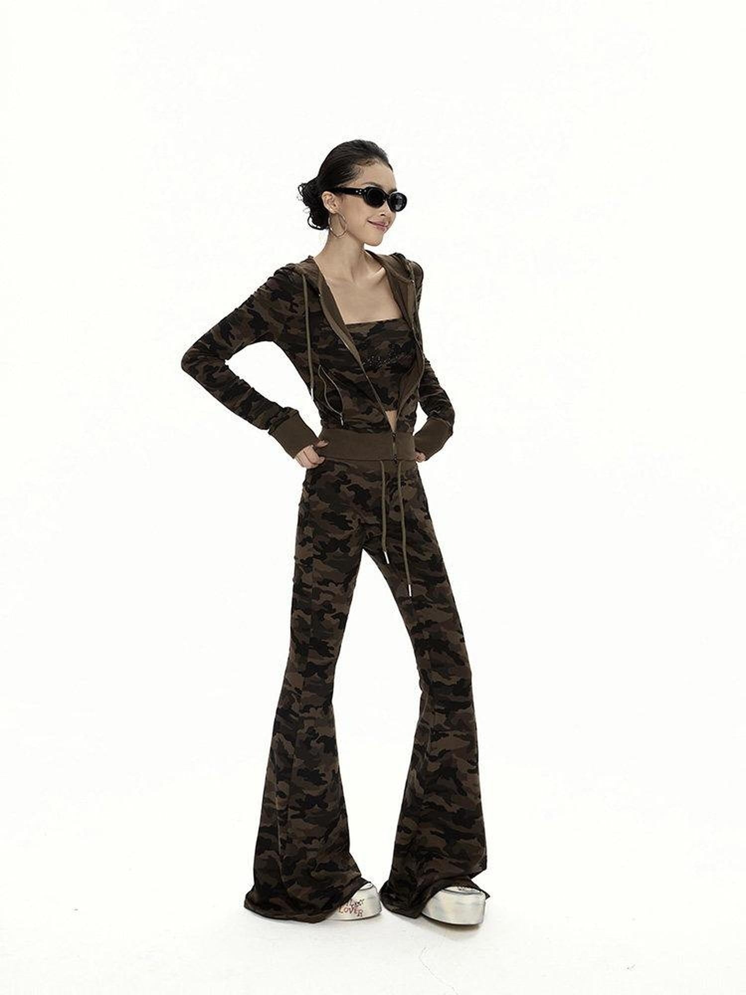 ZERO Zip Front Hooded Camo Three Piece Sexy Casual Women Long Sleeve Top & Pants Sets