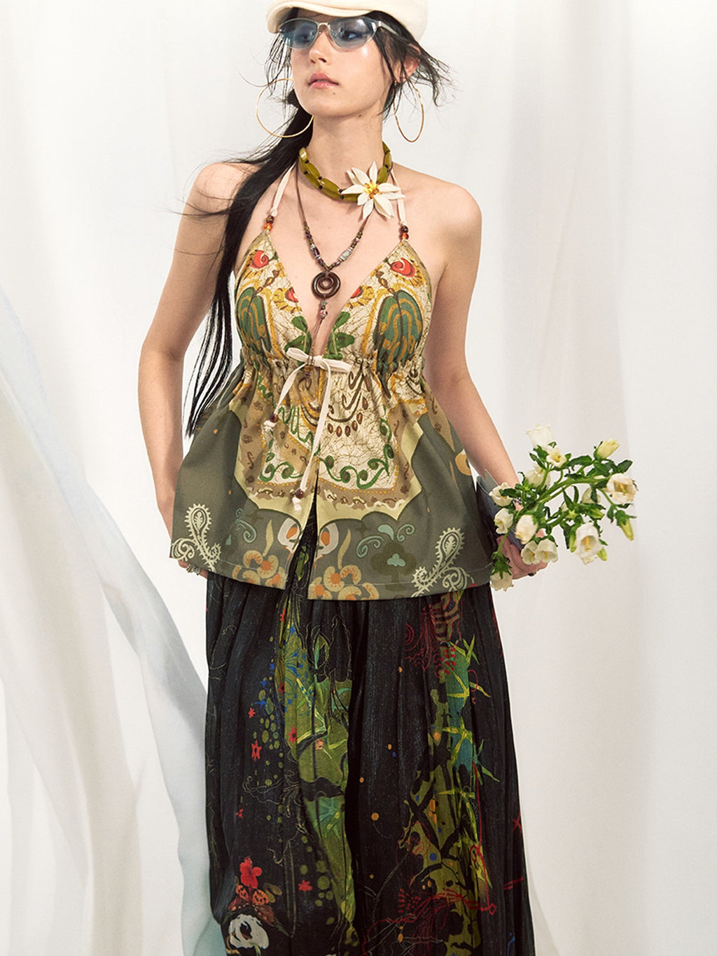 OfAkiva Floral Print Slim V-neck Tie Front Short Women Green Beige Halter Crop Tops