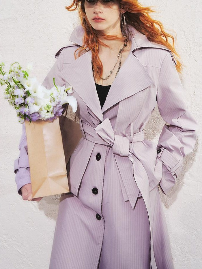 OfAkiva Faux Two Piece Long Stand Collar Straight Office Women Trench Coats