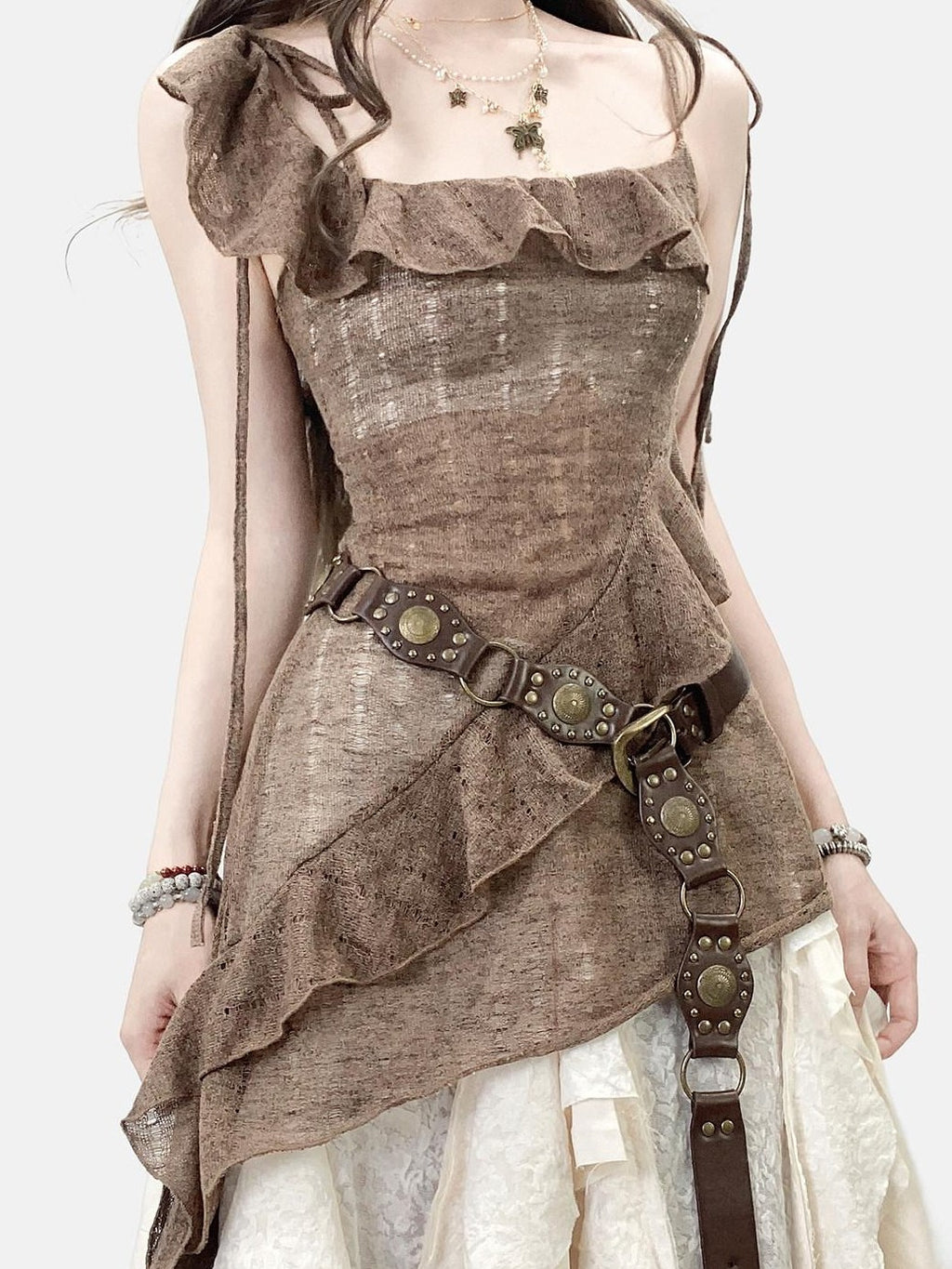 REDDACHIC Vintage Brown Ruffle Asymmetric Cami Women'S High Waist Top & Skirt Sets