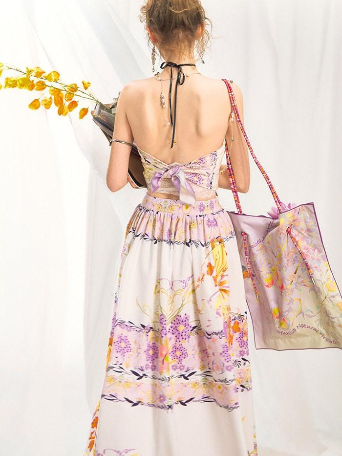OfAkiva Floral Sleeveless Slim Two Piece With Square Scarf Women Top & Skirt Sets