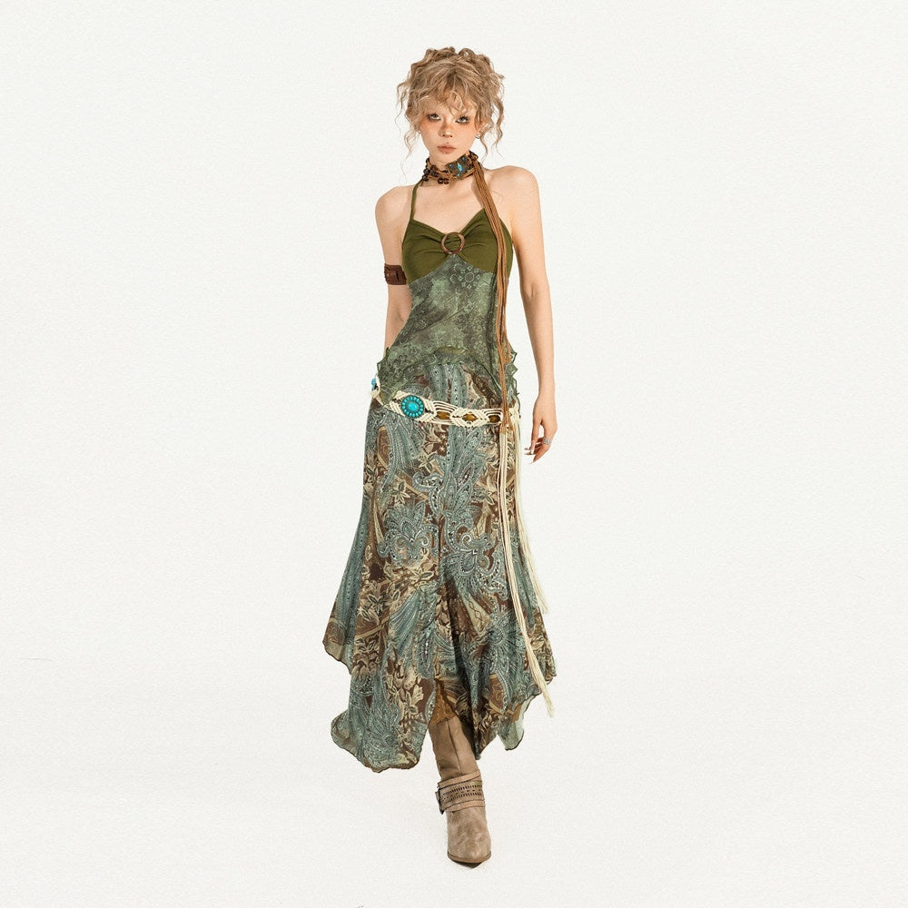 Nico_Molly_Floral_Patchwork_V-neck_Slim_Fit_Sleeveless_Women_Printed_Green_Top_&_Skirt_Sets_MISSTT