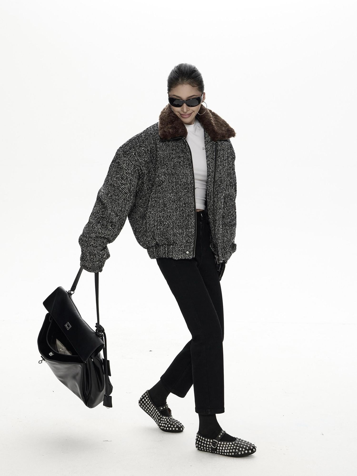 ZERO Insulated Nylon Street Loose Lapel Collar Black Young Women Cropped Jackets