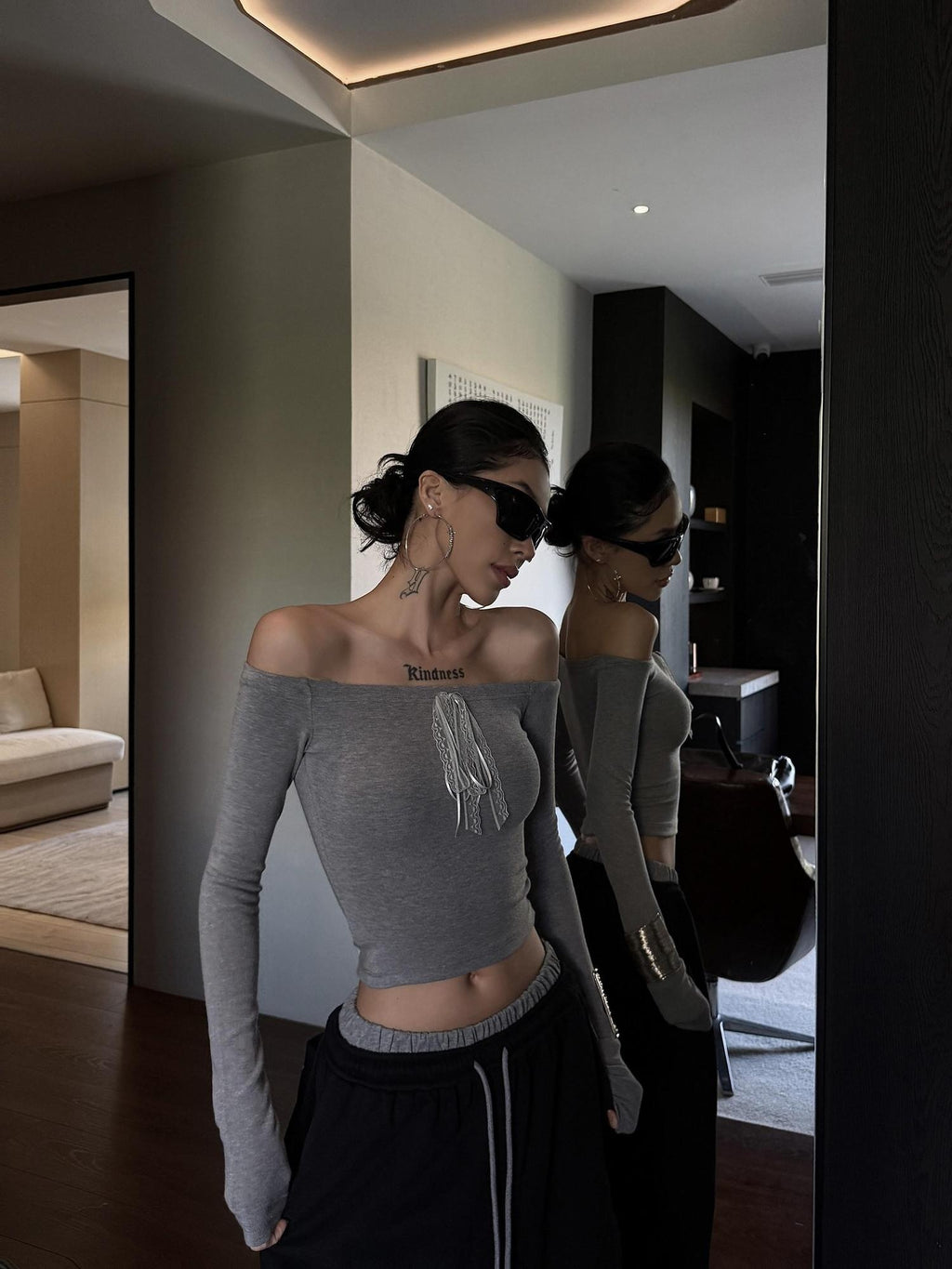 ZERO Soft Viscose Slim Fit Casual Straight Neck Gray Womens Long Sleeve Crop Tops